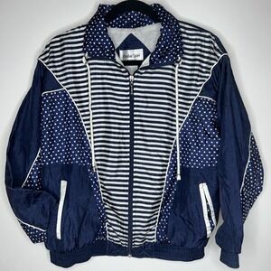 VTG 80s Rhythm Sport Nylon Windbreaker Womens Petite Small Blue Polka Dot Stripe